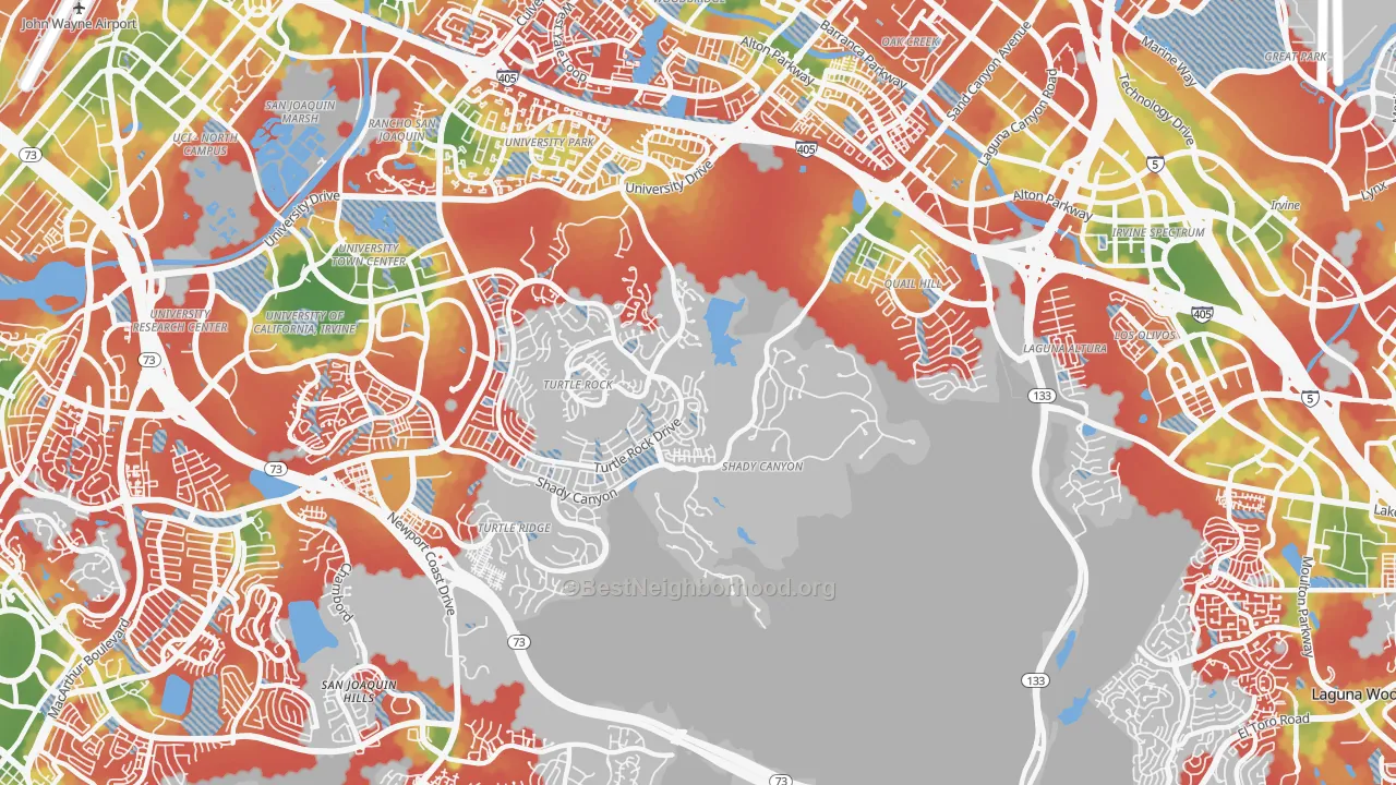 Walk Grade map of 92603, CA, walkable areas in green and car-dependent areas in red