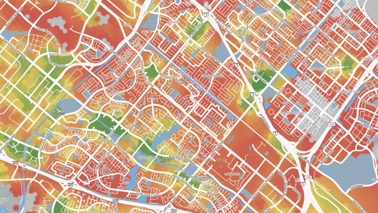 Walk Grade map of 92604, CA, walkable areas in green and car-dependent areas in red