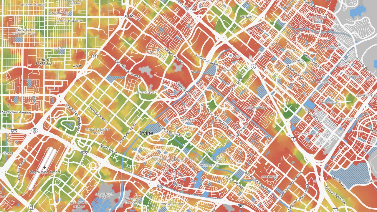 Walk Grade map of 92606, CA, walkable areas in green and car-dependent areas in red