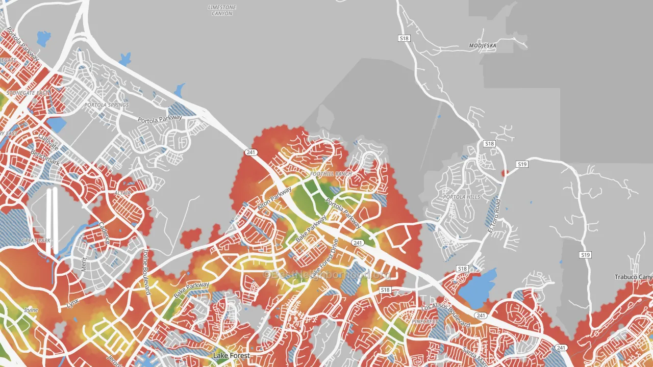 Walk Grade map of 92610, CA, walkable areas in green and car-dependent areas in red