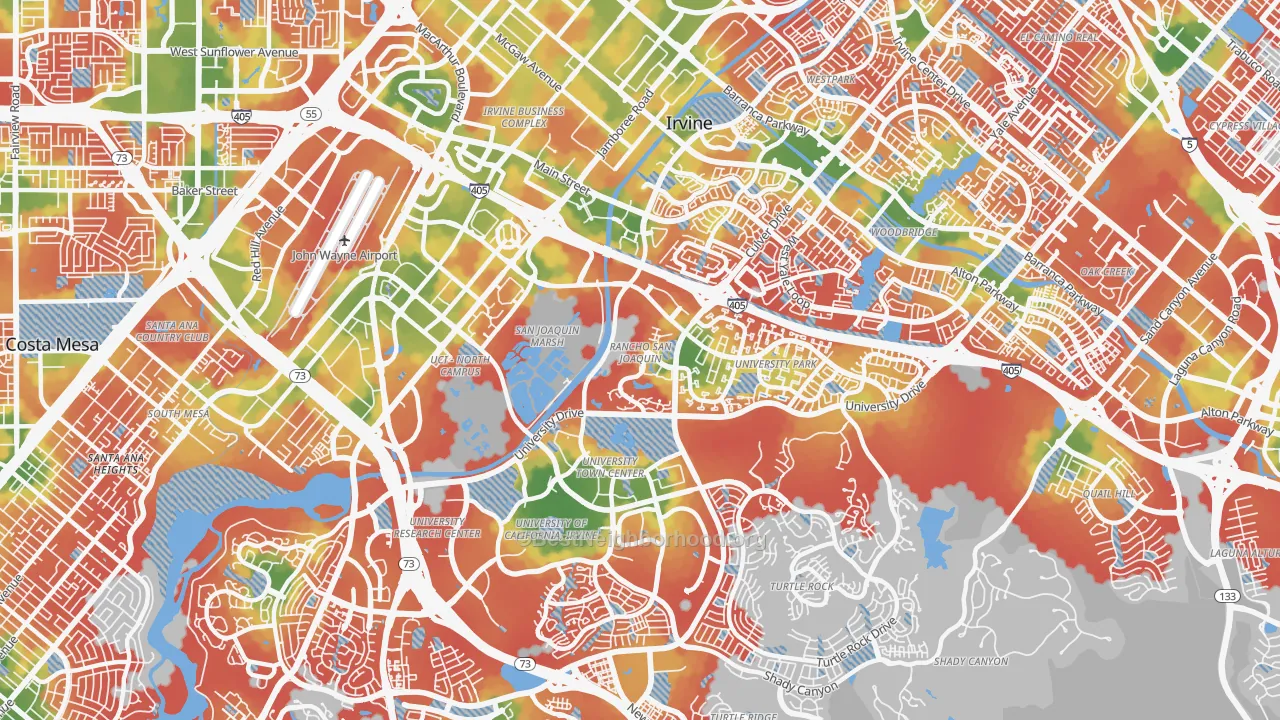 Walk Grade map of 92612, CA, walkable areas in green and car-dependent areas in red