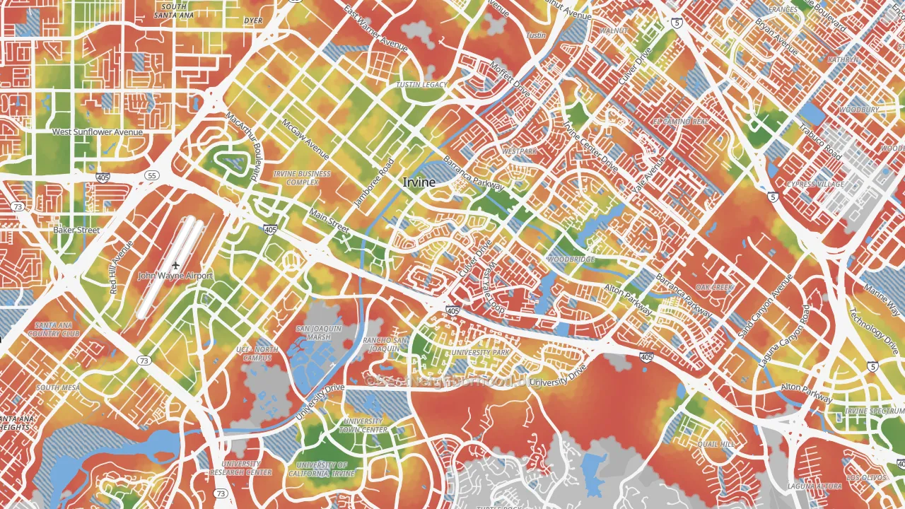 Walk Grade map of 92614, CA, walkable areas in green and car-dependent areas in red