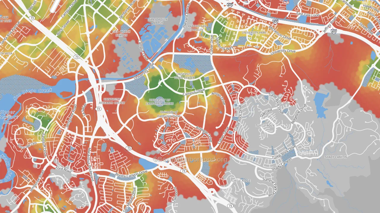 Walk Grade map of 92617, CA, walkable areas in green and car-dependent areas in red