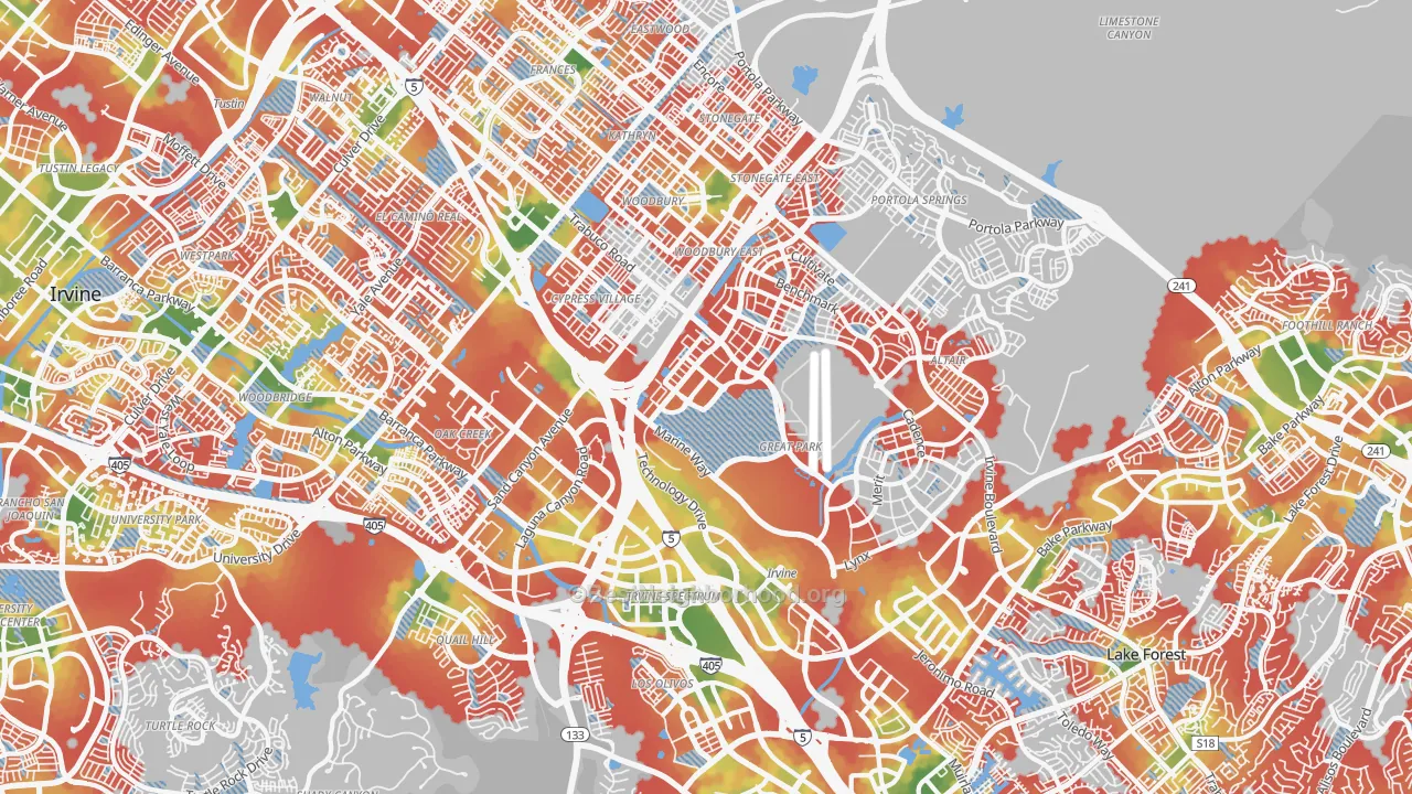 Walk Grade map of 92618, CA, walkable areas in green and car-dependent areas in red