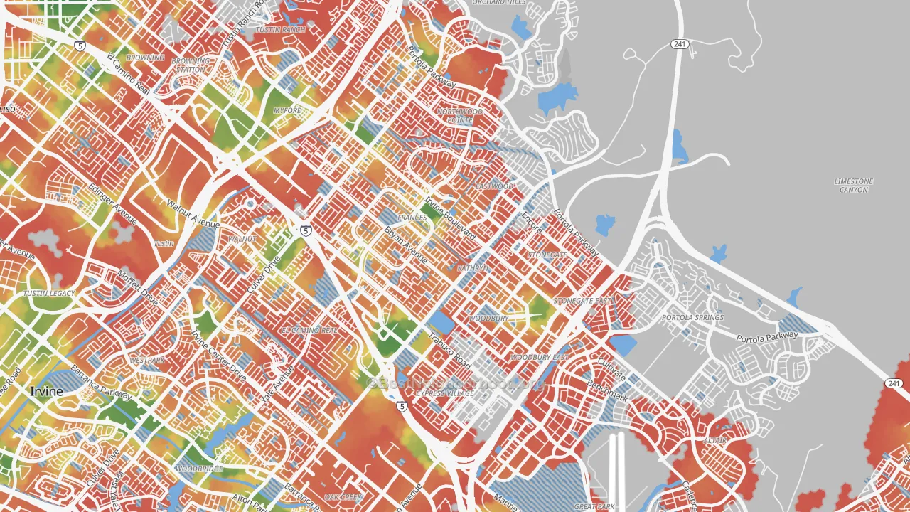 Walk Grade map of 92620, CA, walkable areas in green and car-dependent areas in red