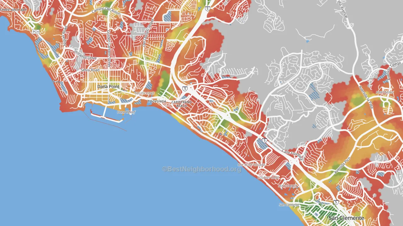 Walk Grade map of 92624, CA, walkable areas in green and car-dependent areas in red