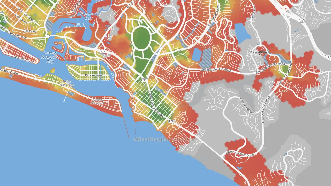 Walk Grade map of 92625, CA, walkable areas in green and car-dependent areas in red