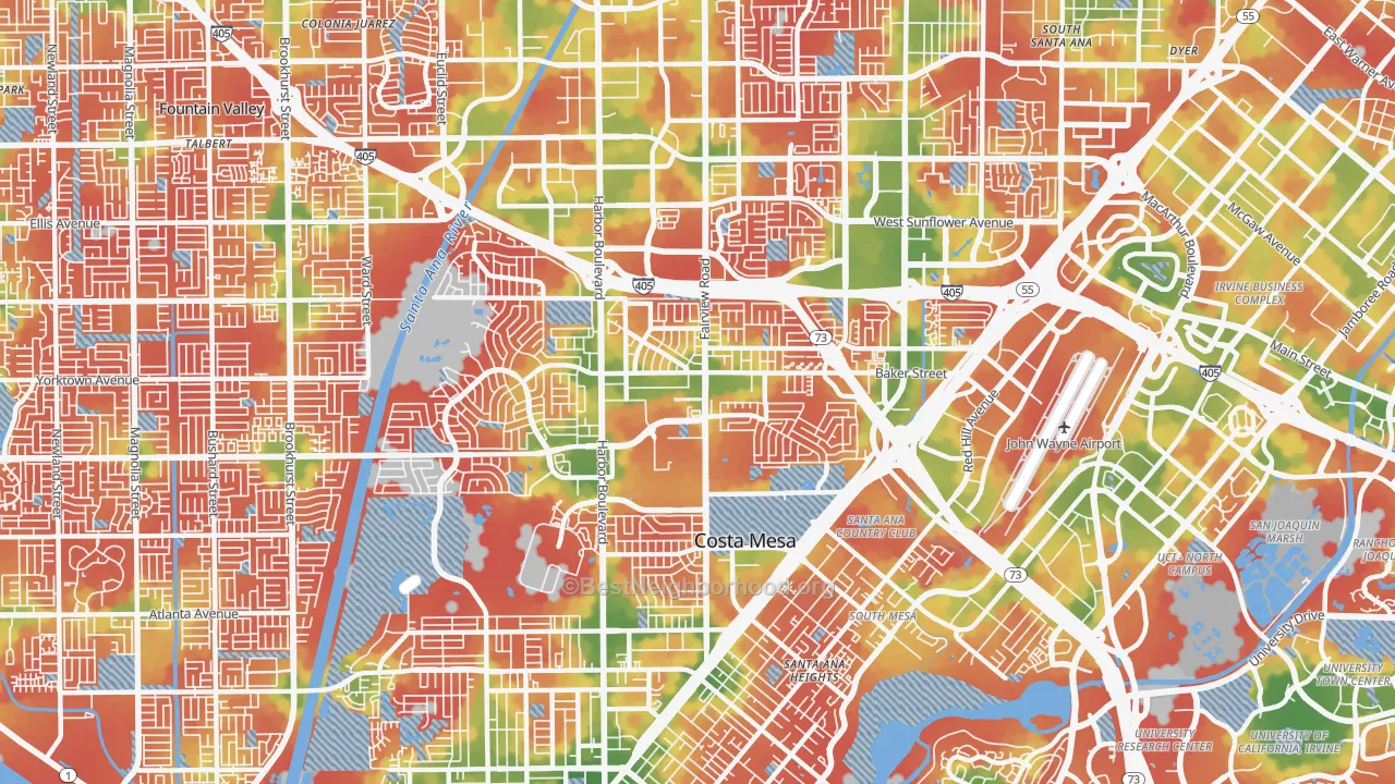 Walk Grade map of 92626, CA, walkable areas in green and car-dependent areas in red