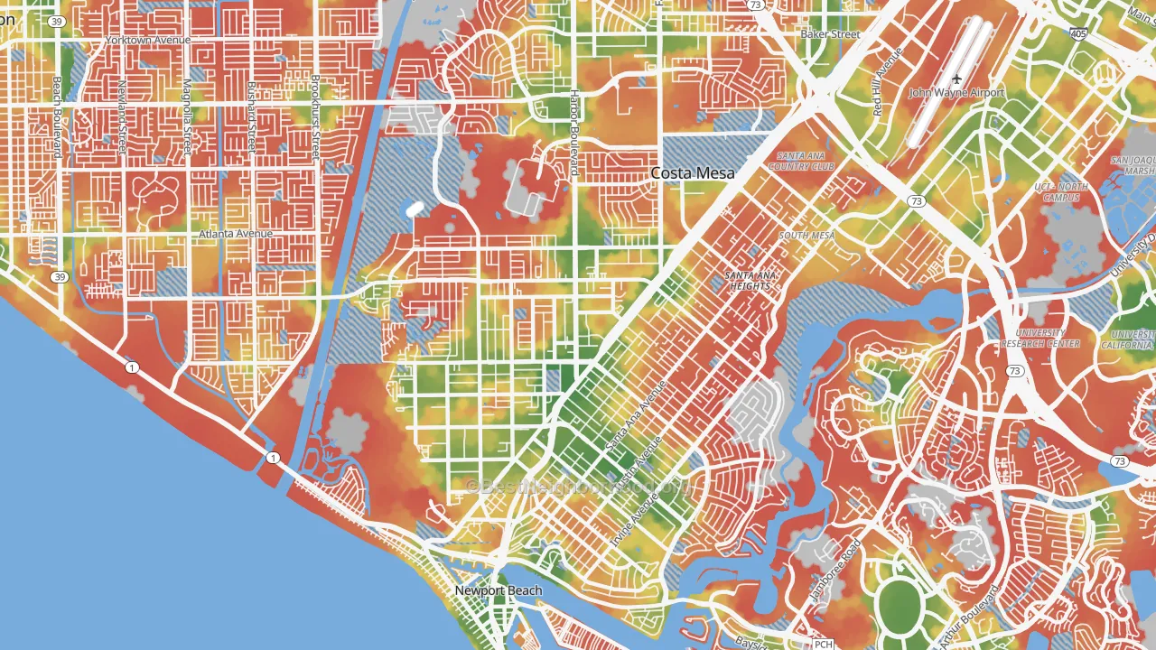 Walk Grade map of 92627, CA, walkable areas in green and car-dependent areas in red