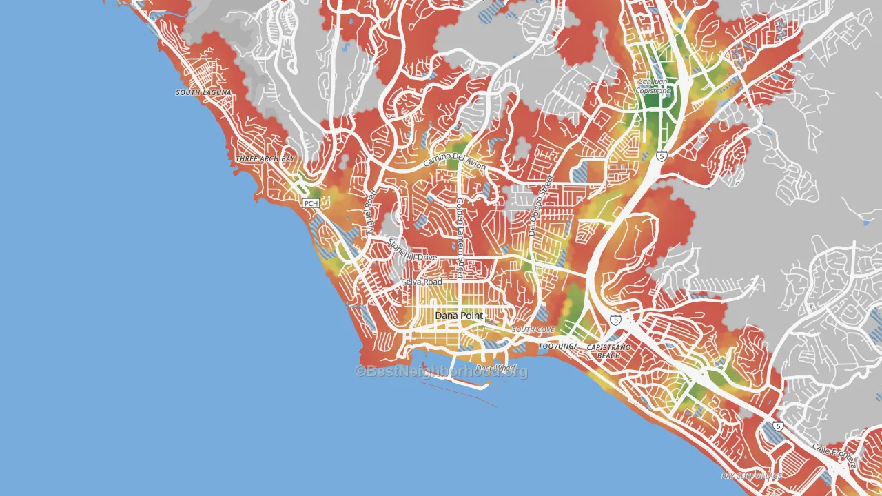 Walk Grade map of 92629, CA, walkable areas in green and car-dependent areas in red