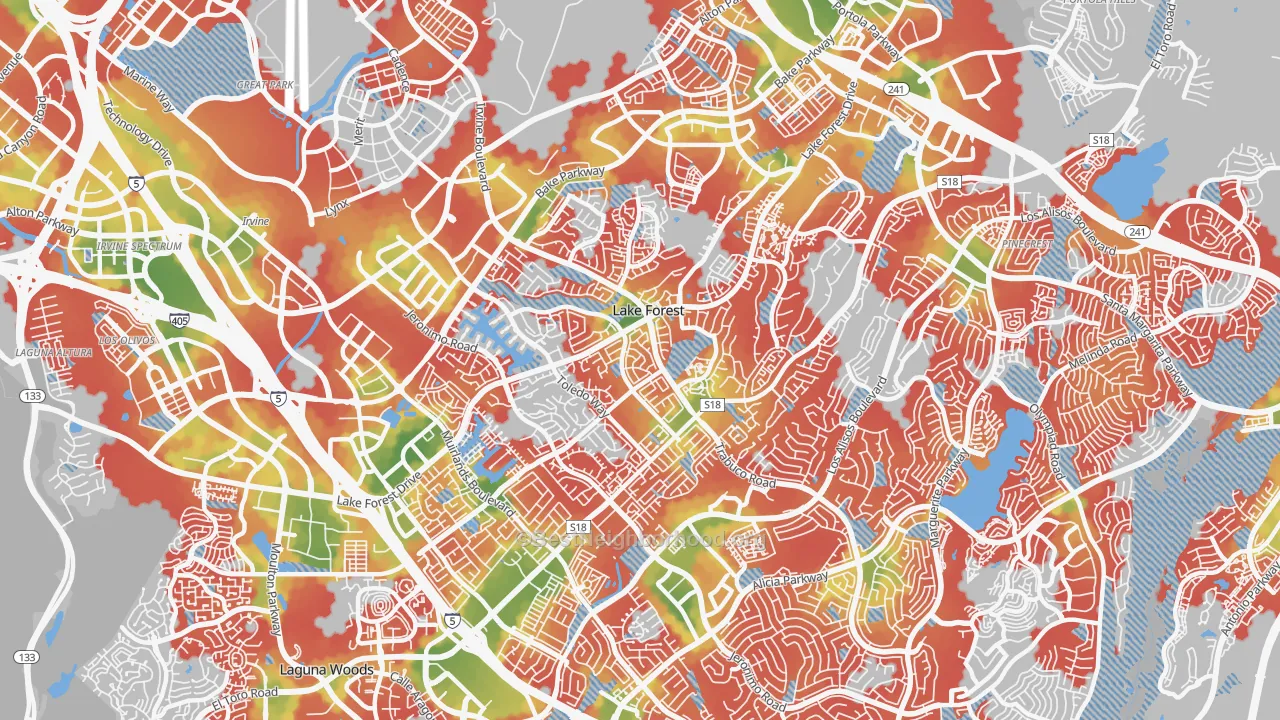 Walk Grade map of 92630, CA, walkable areas in green and car-dependent areas in red