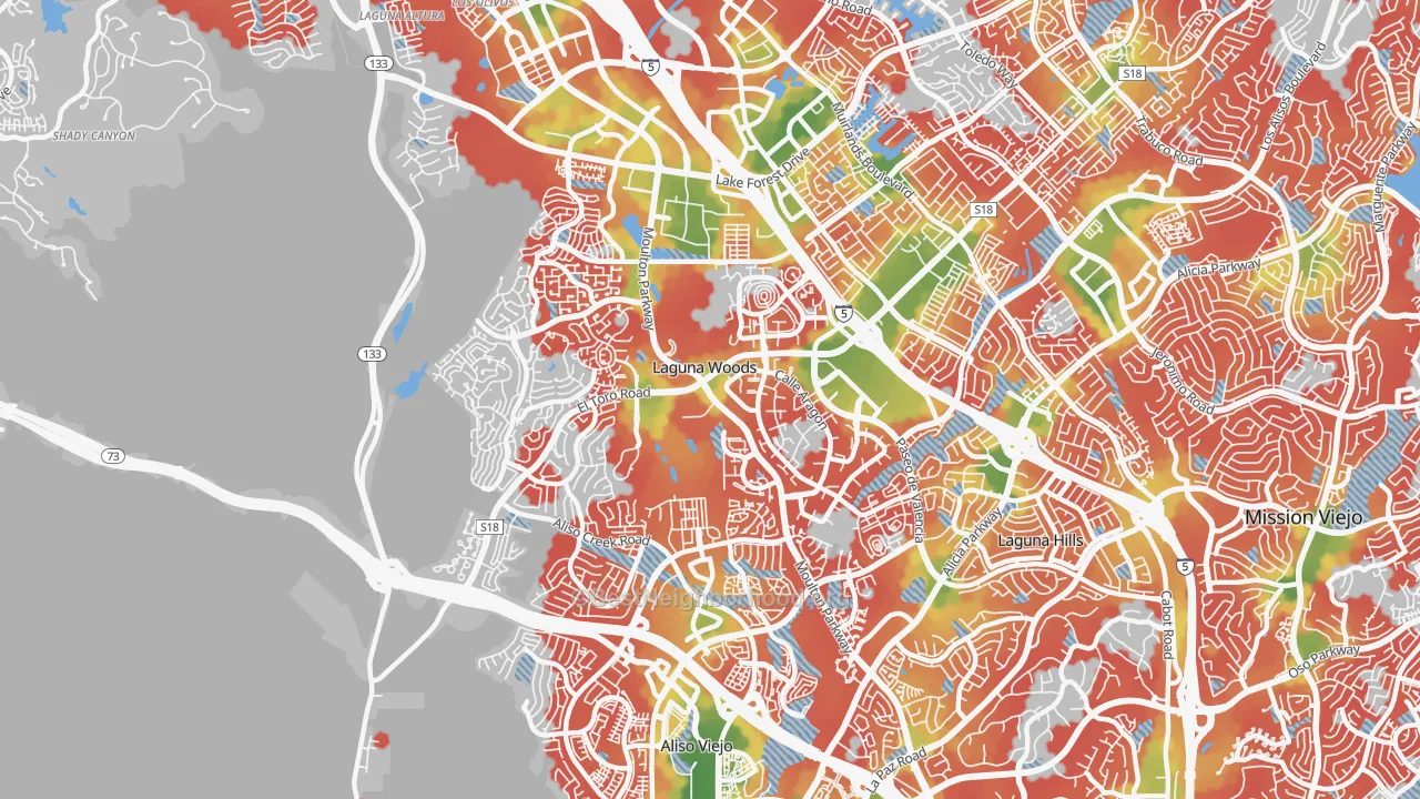 Walk Grade map of 92637, CA, walkable areas in green and car-dependent areas in red