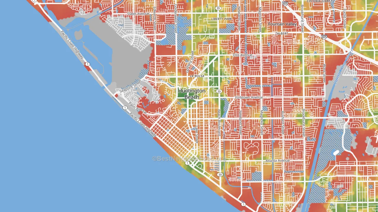Walk Grade map of 92648, CA, walkable areas in green and car-dependent areas in red