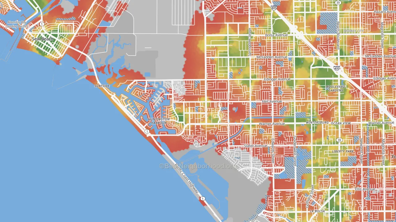Walk Grade map of 92649, CA, walkable areas in green and car-dependent areas in red