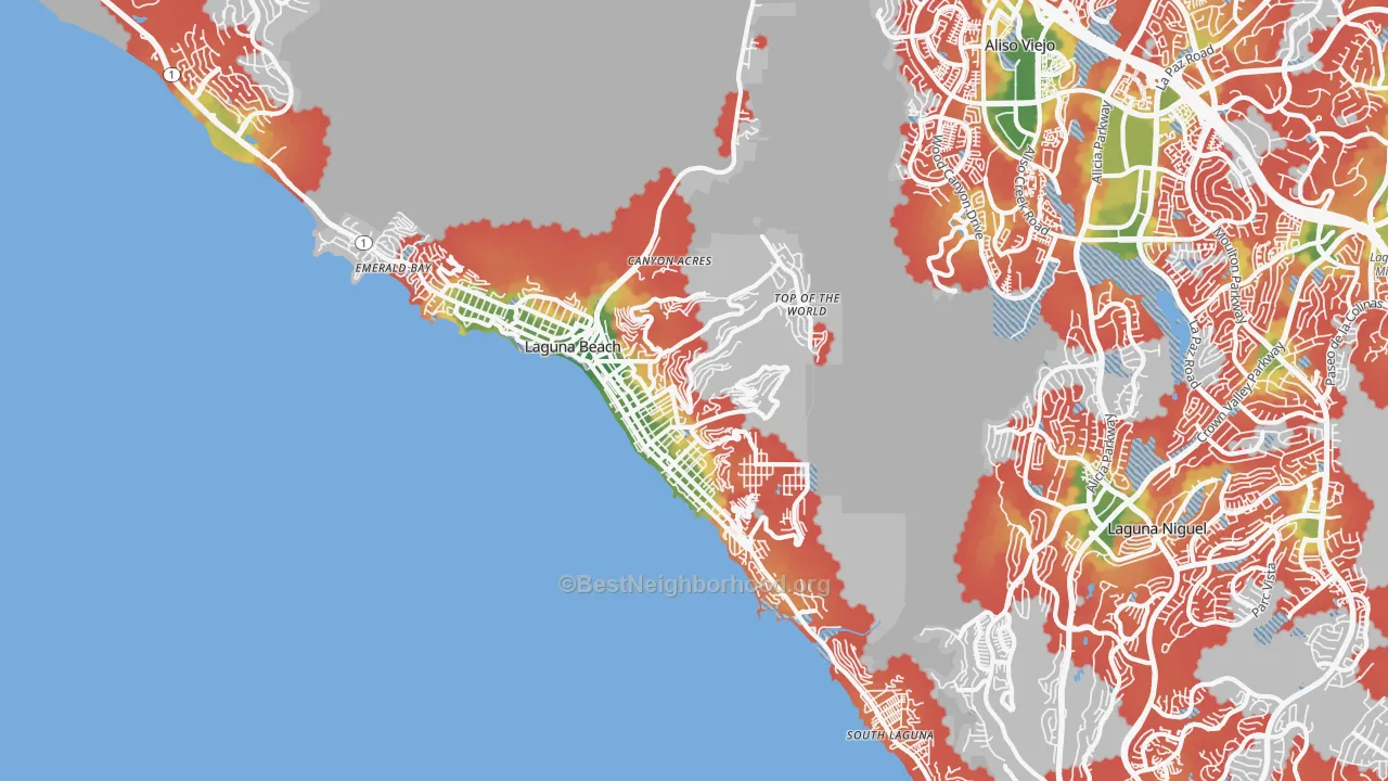 Walk Grade map of 92651, CA, walkable areas in green and car-dependent areas in red