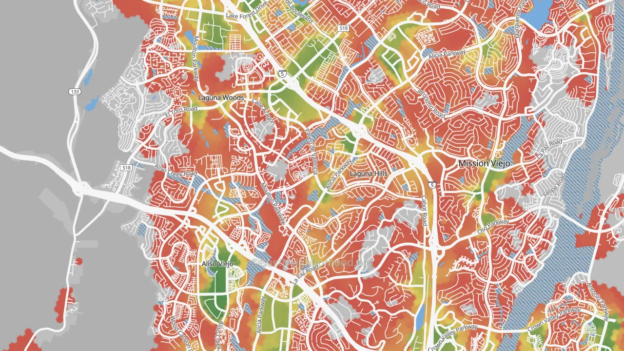 Walk Grade map of 92653, CA, walkable areas in green and car-dependent areas in red
