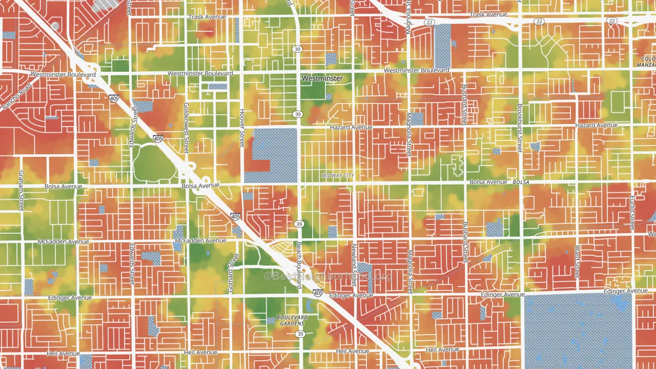 Walk Grade map of 92655, CA, walkable areas in green and car-dependent areas in red
