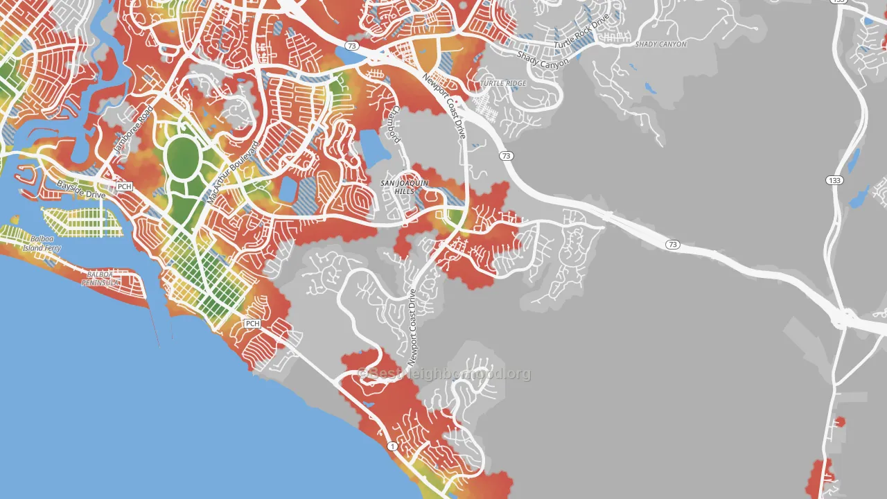 Walk Grade map of 92657, CA, walkable areas in green and car-dependent areas in red