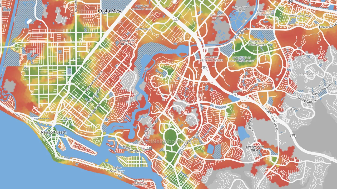 Walk Grade map of 92660, CA, walkable areas in green and car-dependent areas in red