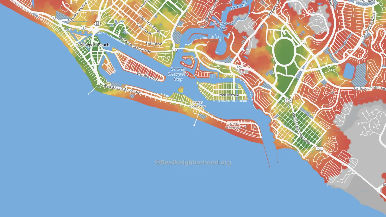 Walk Grade map of 92661, CA, walkable areas in green and car-dependent areas in red