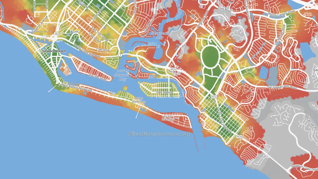 Walk Grade map of 92662, CA, walkable areas in green and car-dependent areas in red