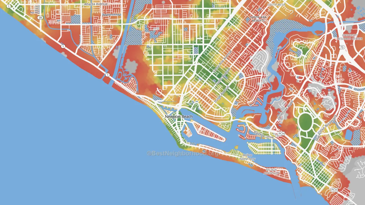Walk Grade map of 92663, CA, walkable areas in green and car-dependent areas in red