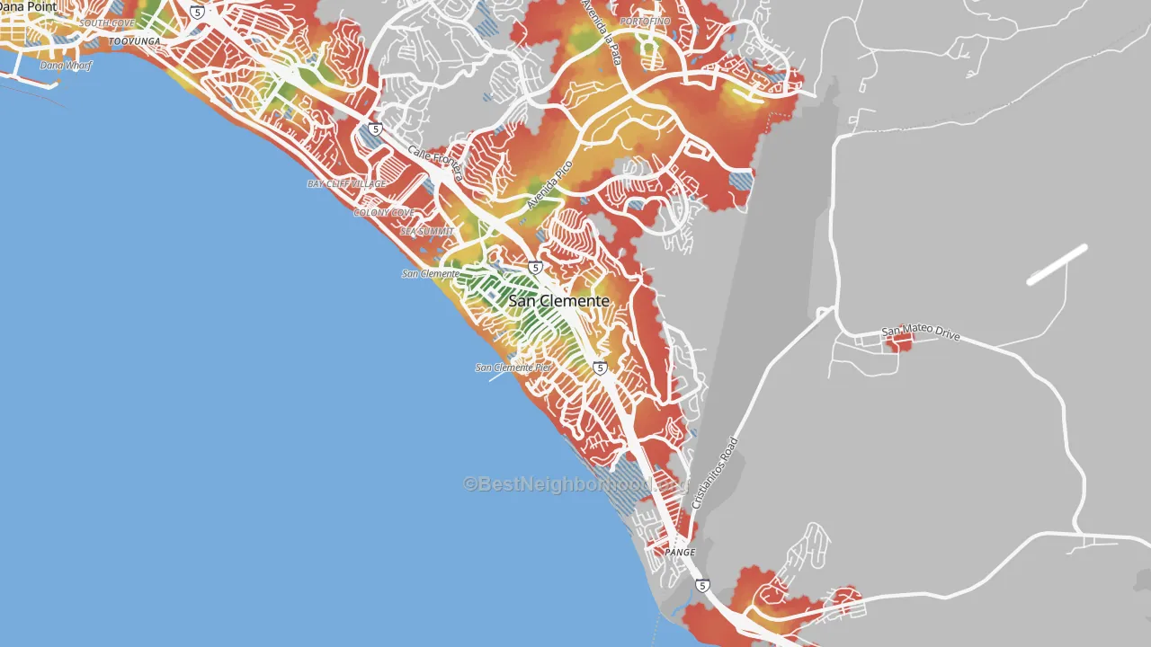 Walk Grade map of 92672, CA, walkable areas in green and car-dependent areas in red