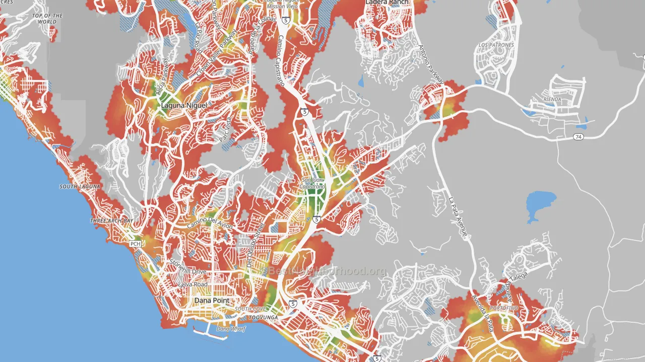 Walk Grade map of 92675, CA, walkable areas in green and car-dependent areas in red