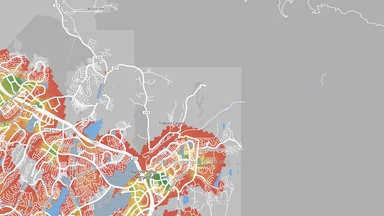 Walk Grade map of 92678, CA, walkable areas in green and car-dependent areas in red