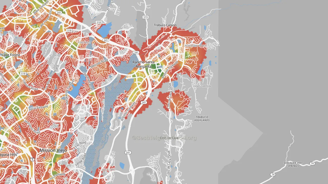 Walk Grade map of 92679, CA, walkable areas in green and car-dependent areas in red