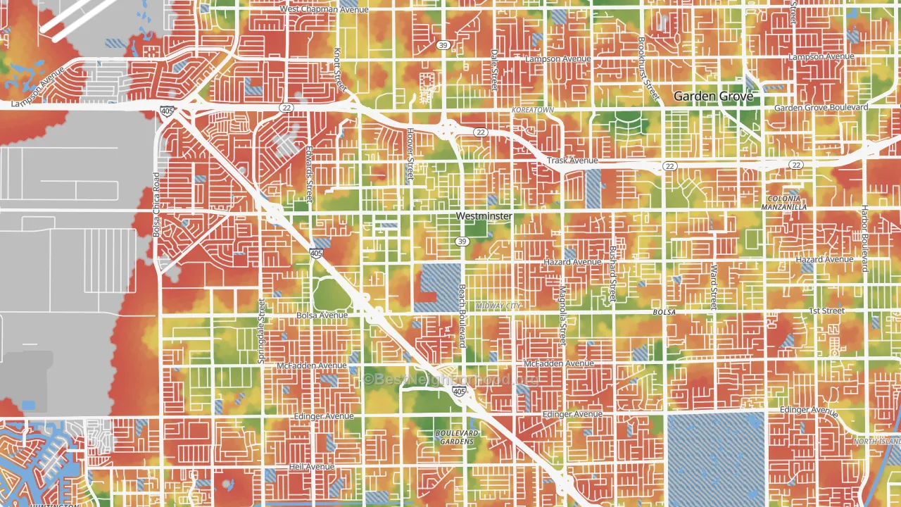 Walk Grade map of 92683, CA, walkable areas in green and car-dependent areas in red