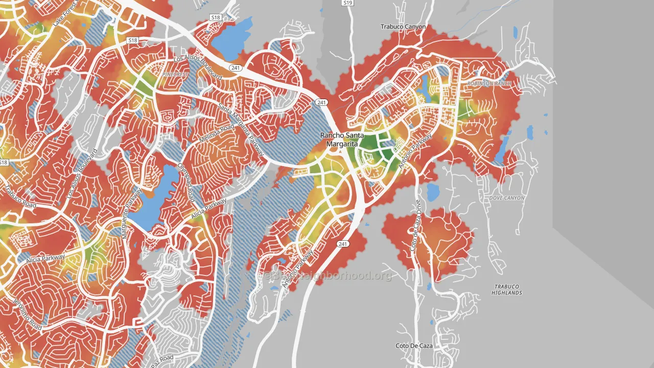Walk Grade map of 92688, CA, walkable areas in green and car-dependent areas in red