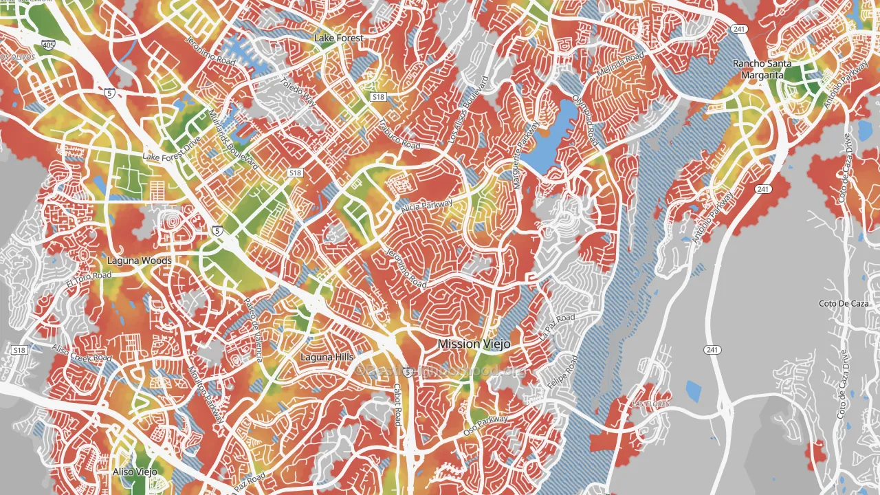 Walk Grade map of 92691, CA, walkable areas in green and car-dependent areas in red