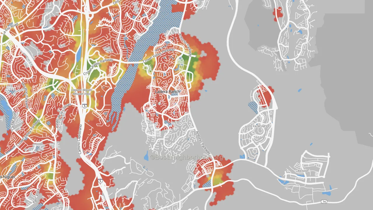 Walk Grade map of 92694, CA, walkable areas in green and car-dependent areas in red