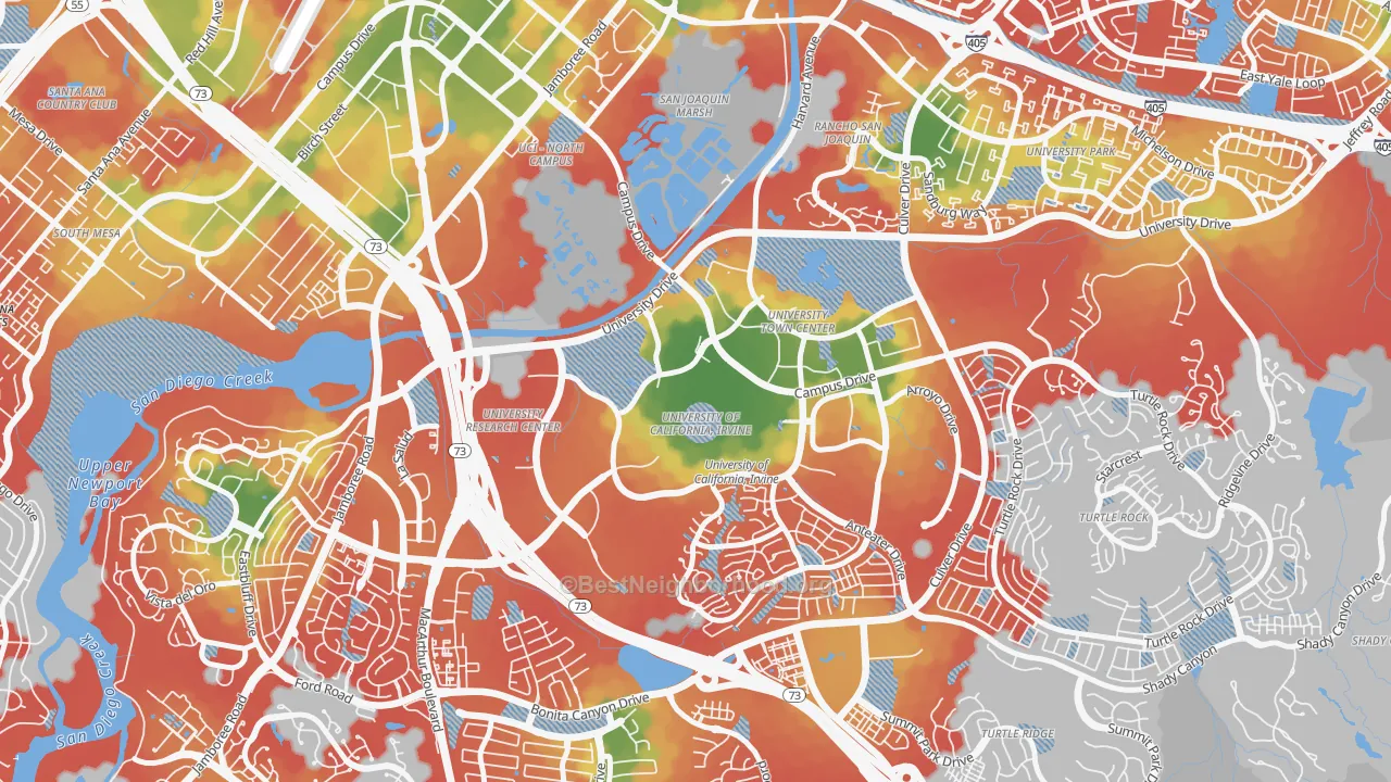 Walk Grade map of 92697, CA, walkable areas in green and car-dependent areas in red