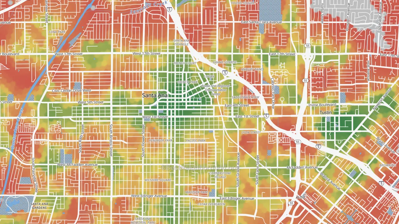 Walk Grade map of 92701, CA, walkable areas in green and car-dependent areas in red