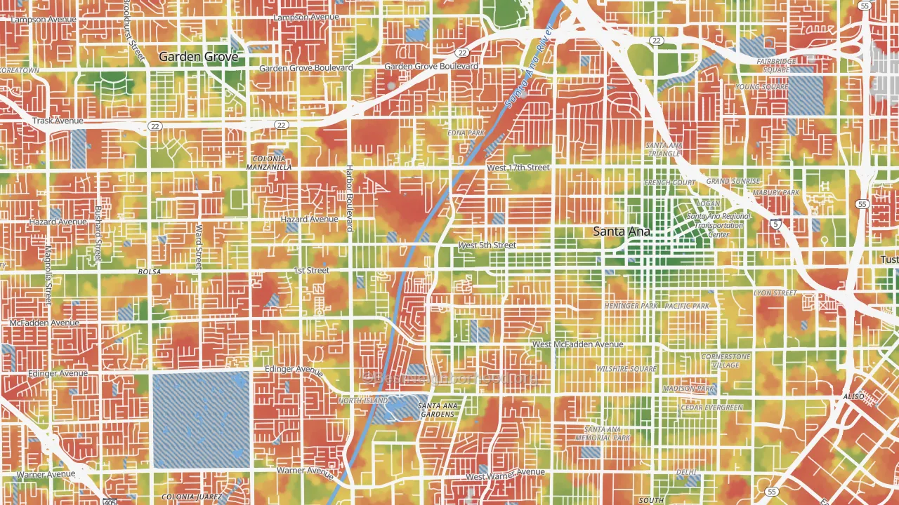 Walk Grade map of 92703, CA, walkable areas in green and car-dependent areas in red