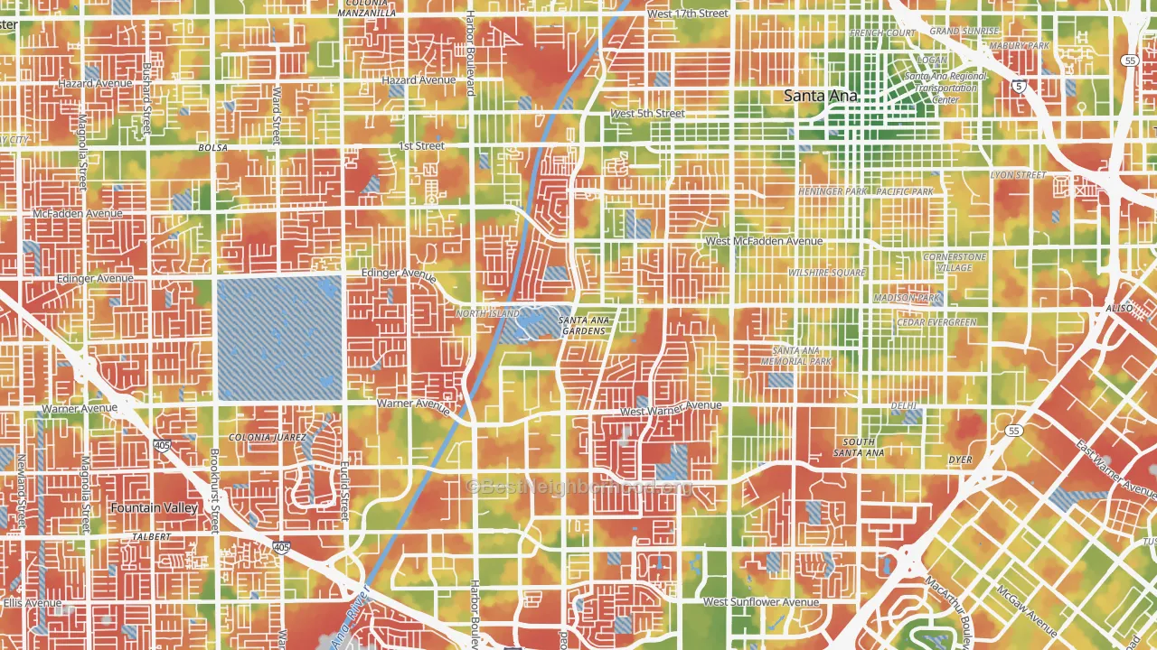 Walk Grade map of 92704, CA, walkable areas in green and car-dependent areas in red