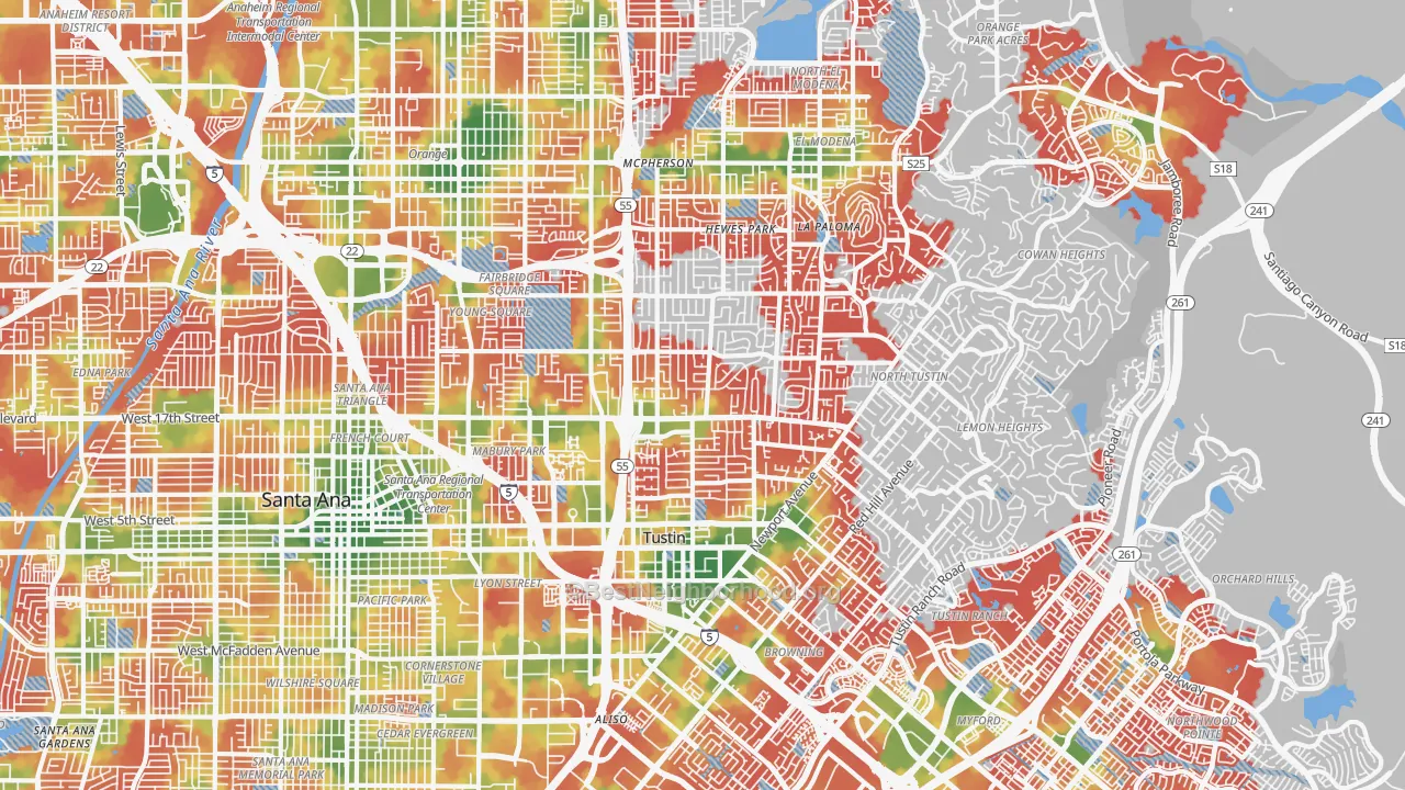 Walk Grade map of 92705, CA, walkable areas in green and car-dependent areas in red