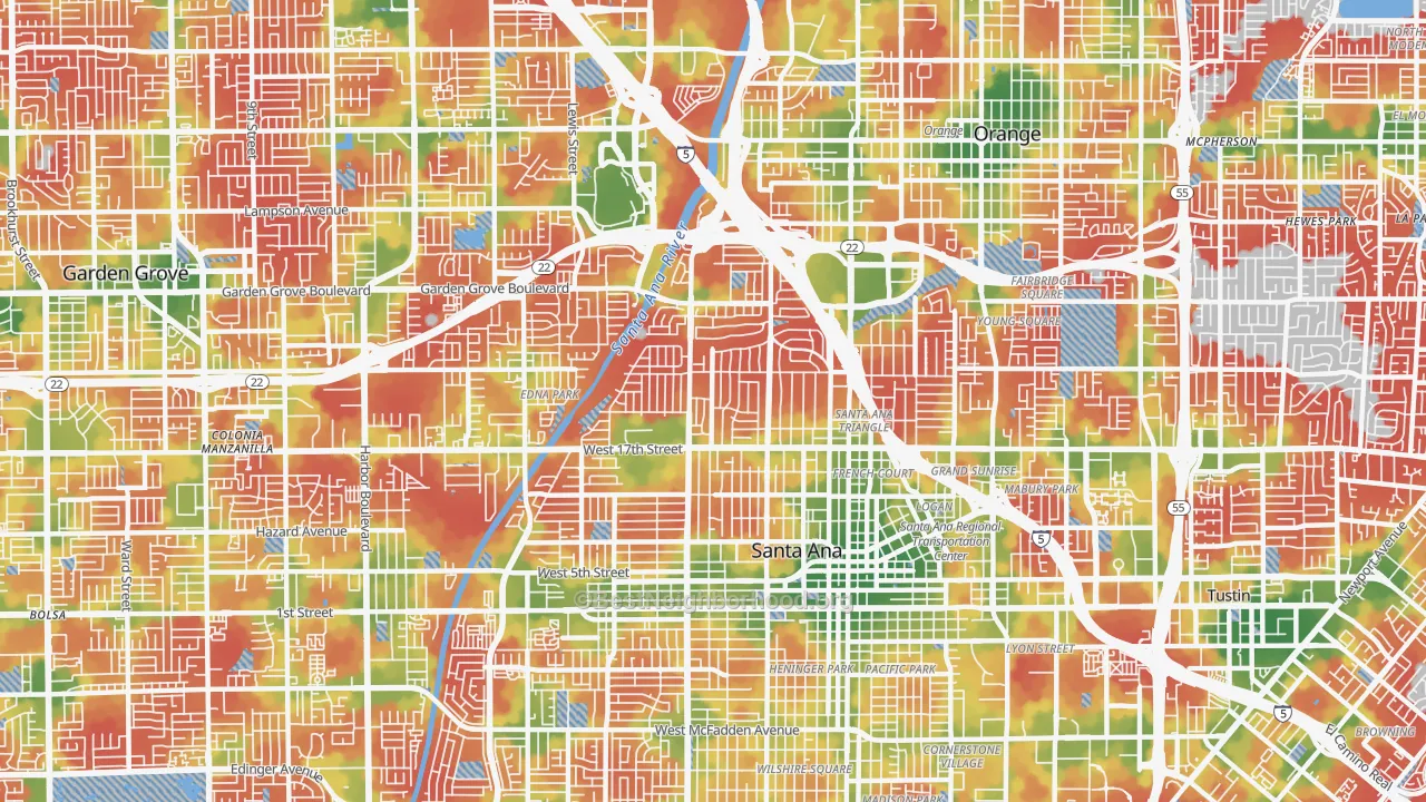 Walk Grade map of 92706, CA, walkable areas in green and car-dependent areas in red
