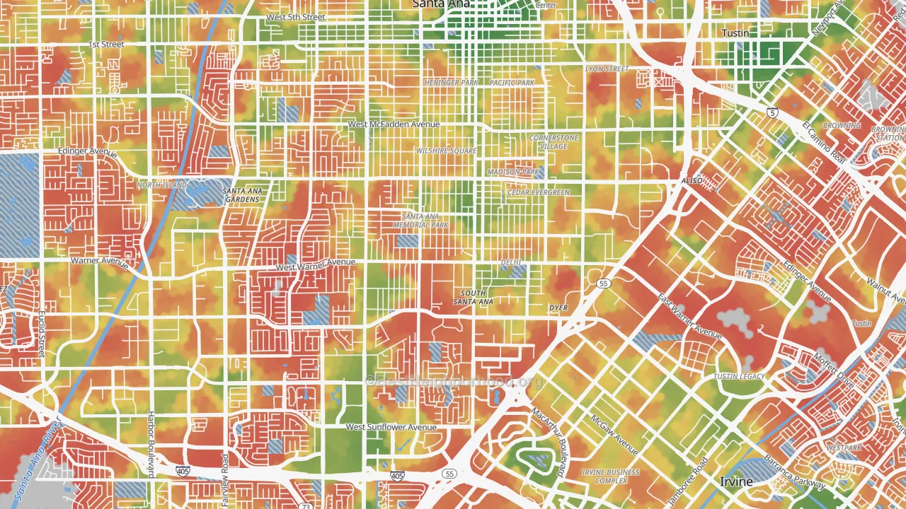Walk Grade map of 92707, CA, walkable areas in green and car-dependent areas in red