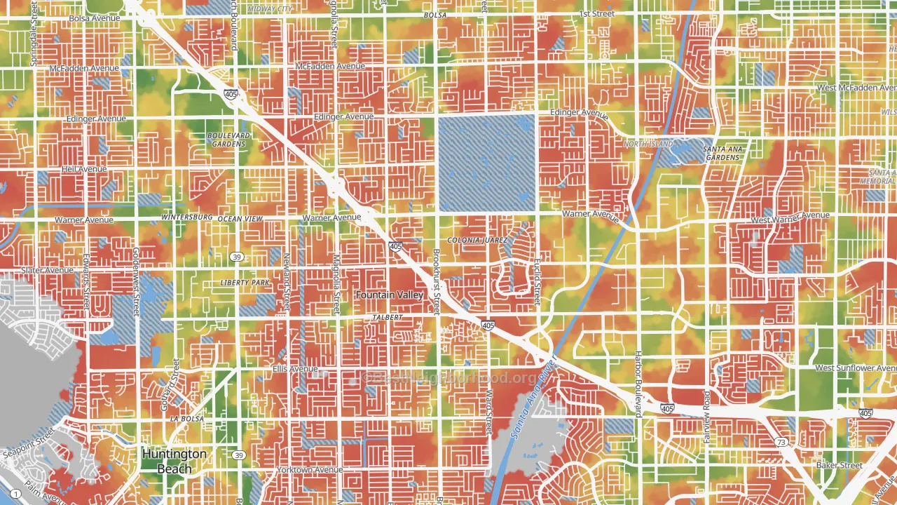 Walk Grade map of 92708, CA, walkable areas in green and car-dependent areas in red