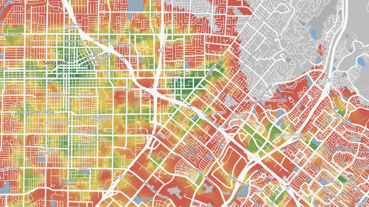 Walk Grade map of 92780, CA, walkable areas in green and car-dependent areas in red