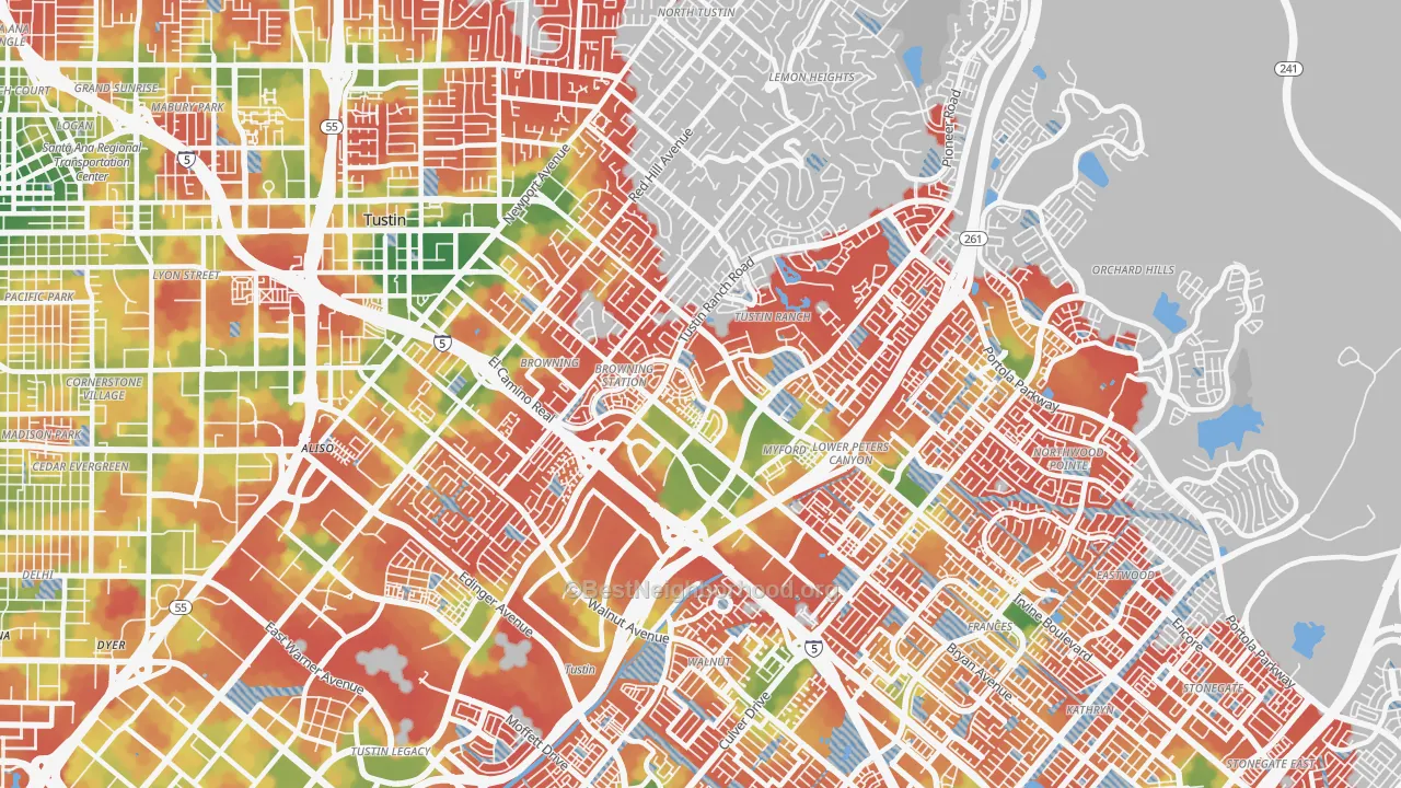 Walk Grade map of 92782, CA, walkable areas in green and car-dependent areas in red