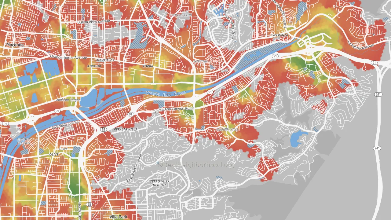 Walk Grade map of 92807, CA, walkable areas in green and car-dependent areas in red
