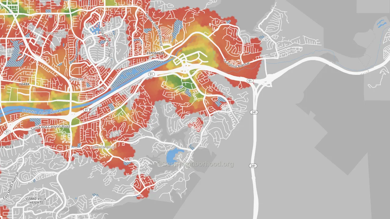 Walk Grade map of 92808, CA, walkable areas in green and car-dependent areas in red