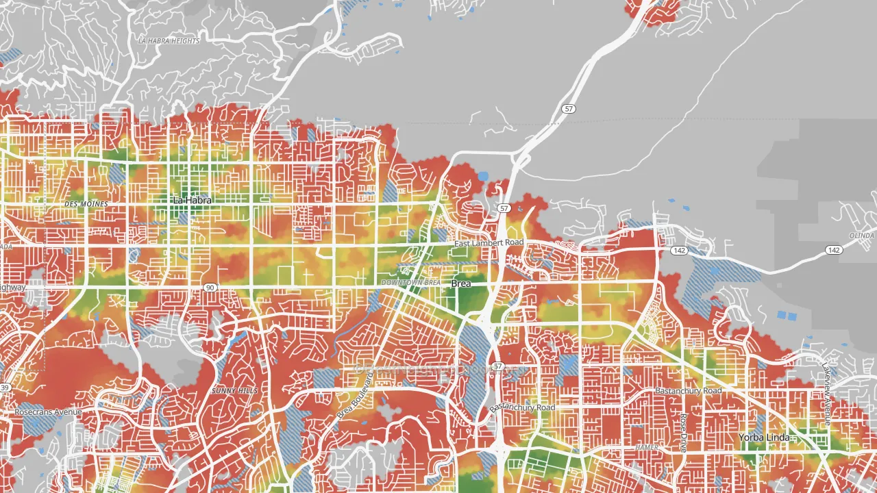 Walk Grade map of 92821, CA, walkable areas in green and car-dependent areas in red