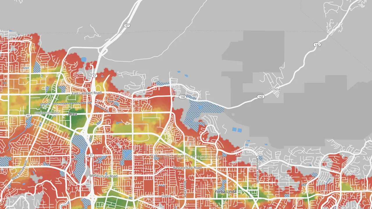 Walk Grade map of 92823, CA, walkable areas in green and car-dependent areas in red