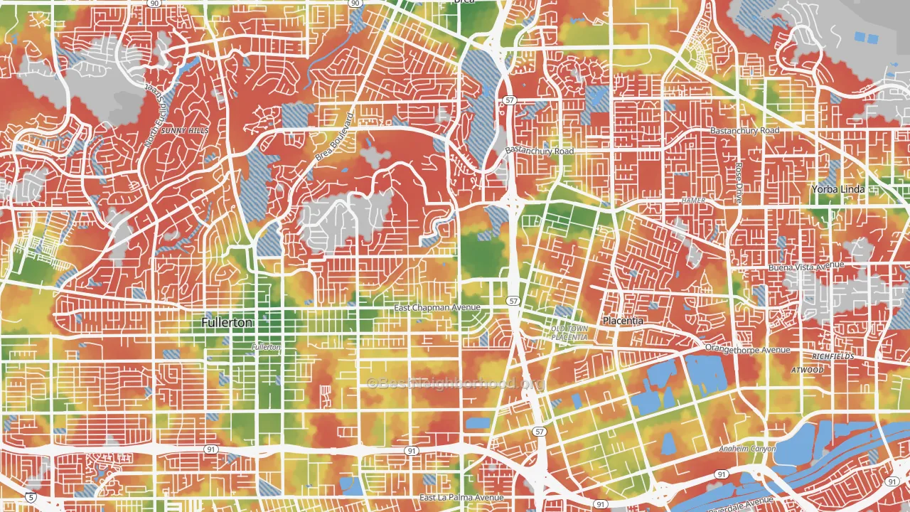 Walk Grade map of 92831, CA, walkable areas in green and car-dependent areas in red