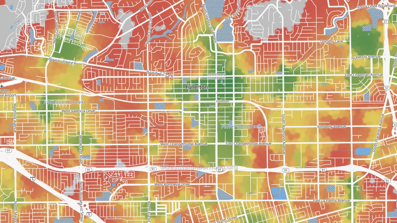 Walk Grade map of 92832, CA, walkable areas in green and car-dependent areas in red